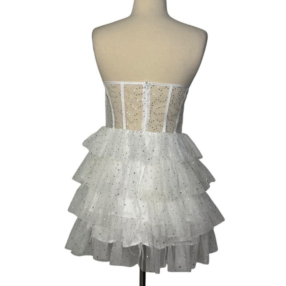 Iridescent Sparkly Sequin Tiered Tulle Mini Dress Mesh Corset Boned Strapless L - Picture 8 of 10